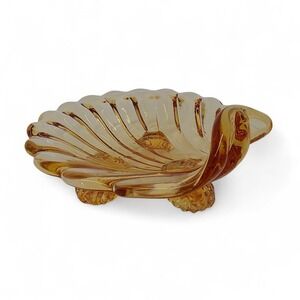 Amber Glass Seashell Salt Cellar Trinket Dish Footed 3in Vintage